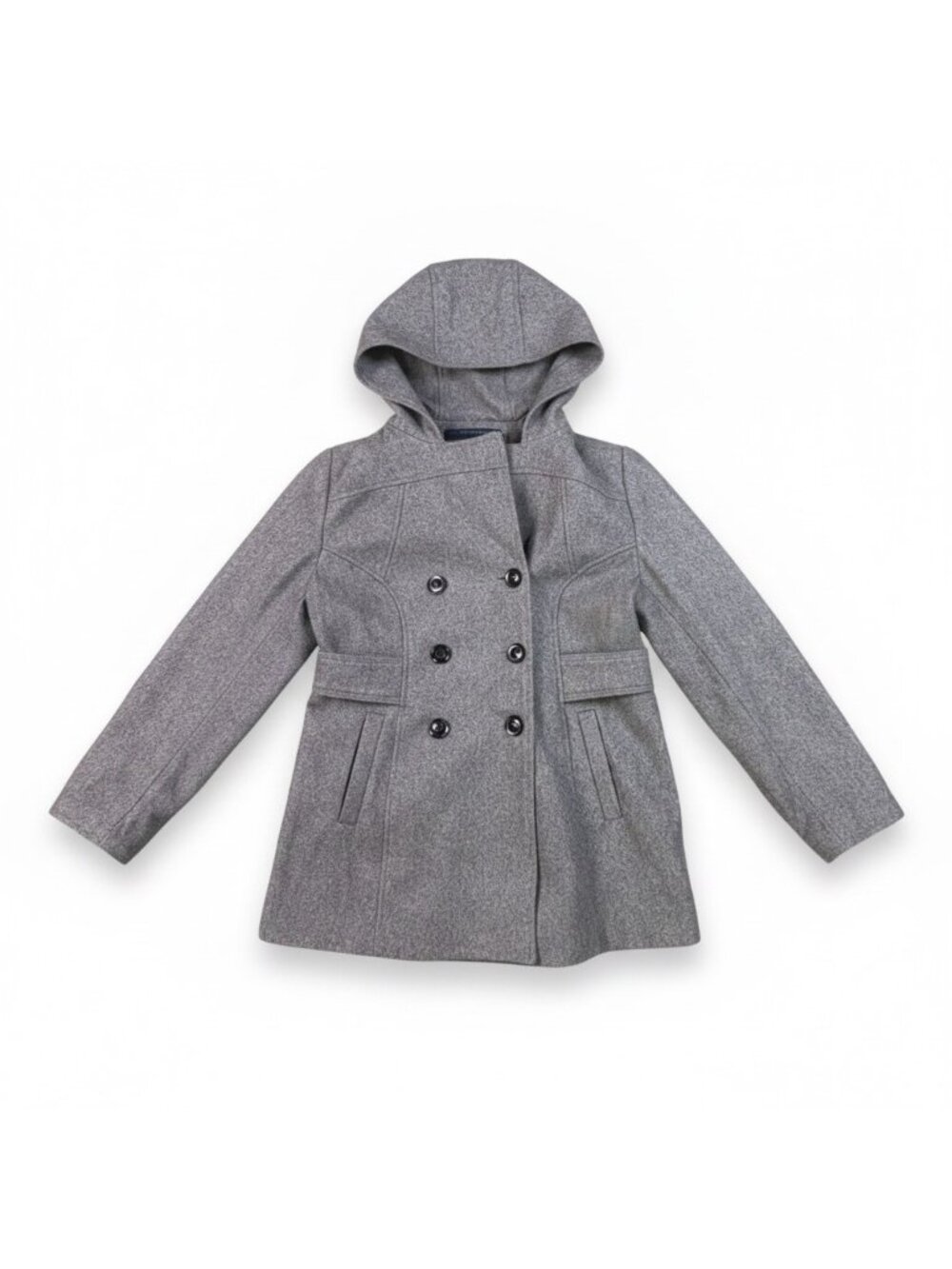 Izod Ladies Gray Wool Blend Hooded Double-Breasted Coat With Button Details Sz L